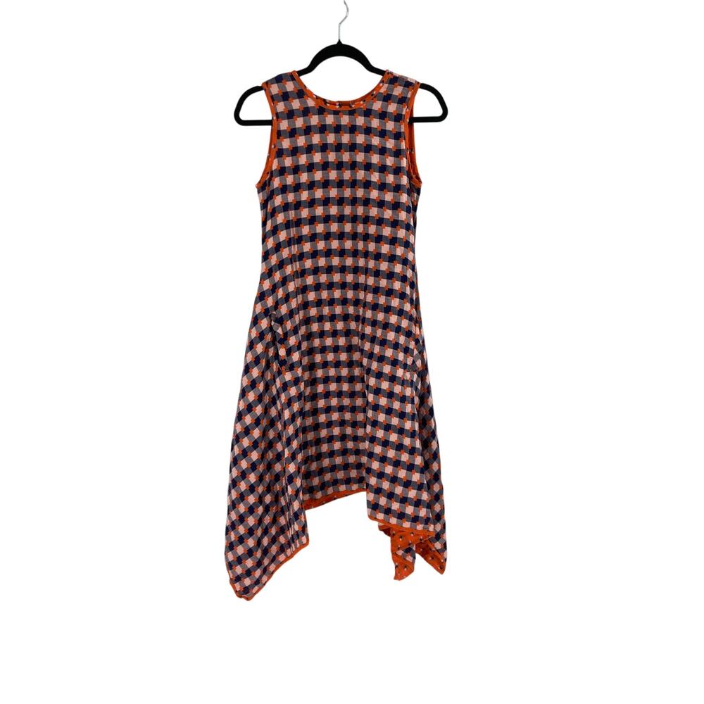 Uncle Frank Cotton Kantha Asymmetrical Sleeveless Orange Blue Checkered Dress XS